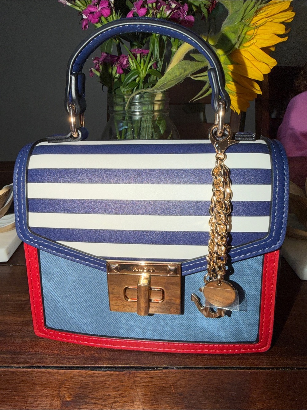 Aldo Navy, White and Red Striped Top-Handle Satchel